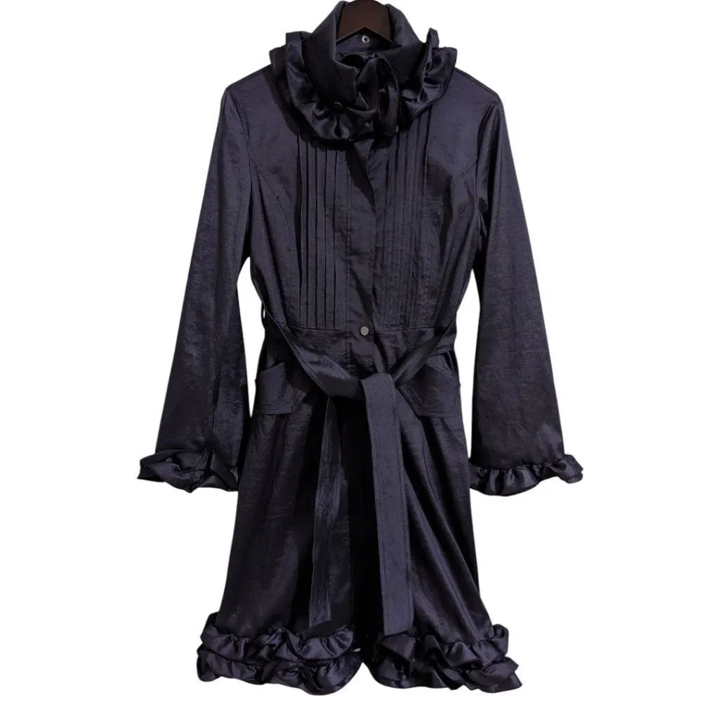Belle Fare Purple Ruffled Trench Coat Belted with Leopard Lining Women's Medium